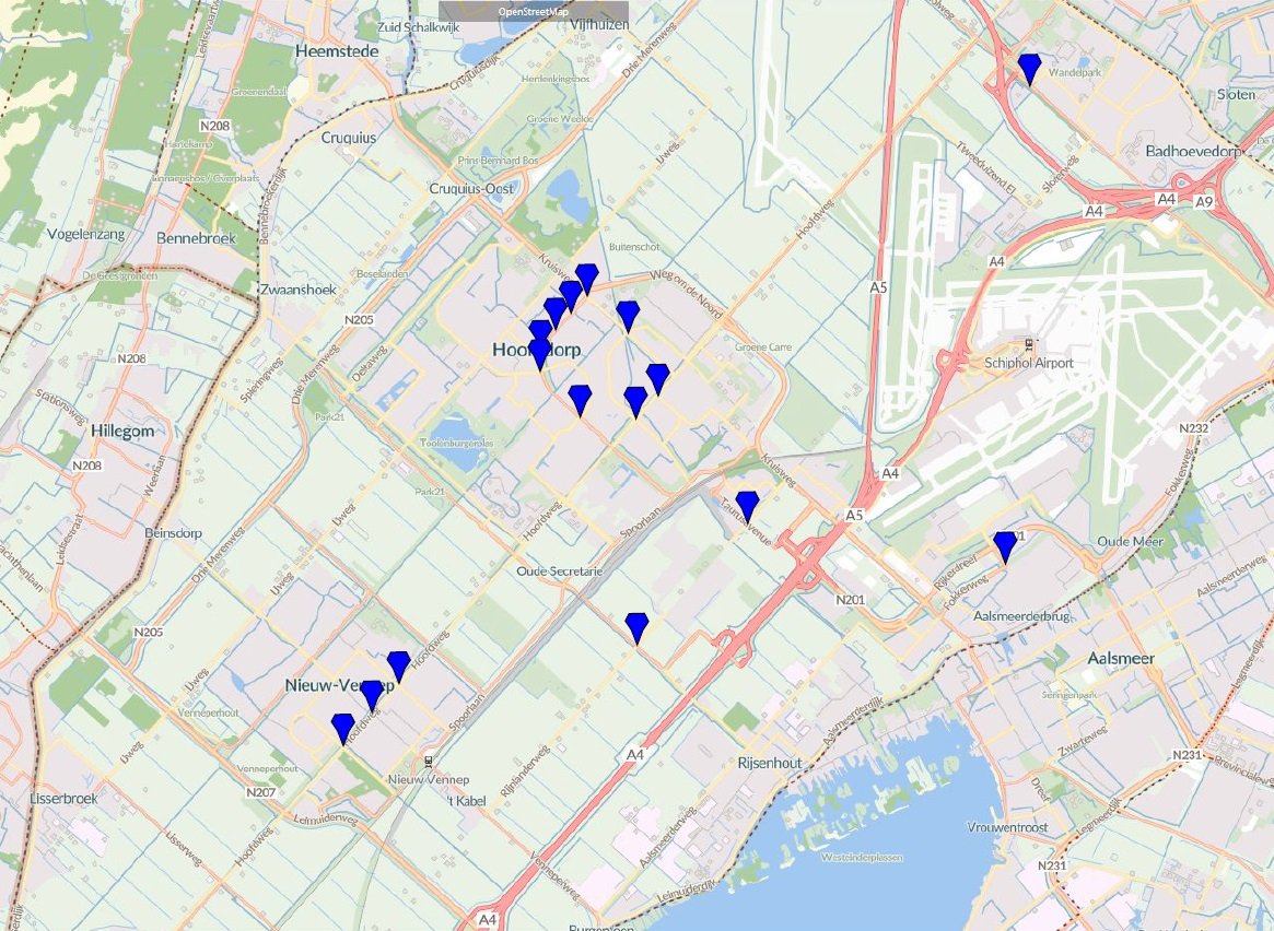 Kaart van Haarlemmermeer met blauwe markeringen op kruispunten