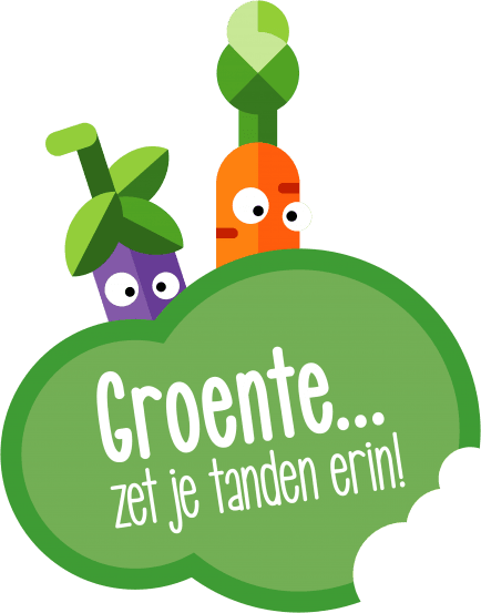 Afbeelding: logo groente zet je tanden erin met figuren, waaronder een wortel met ogen