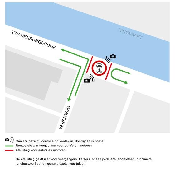Afbeelding: kaart van de afsluiting. Groene pijlen geven de toegestane routes aan voor auto's en motoren. De rode lijnen geven aan waar de afsluiting precies is. Icoontje camera's laten zien waar er cameratoezicht is. 