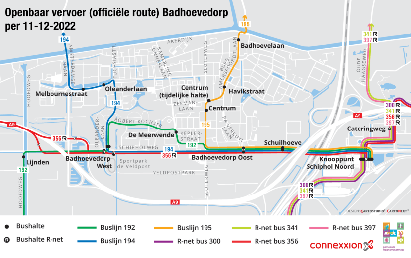 Afbeelding: kaart officiële route openbaar vervoer Badhoevedorp vanaf 11 december 2022
