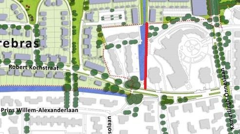 Afbeelding: kaartje met een rode lijn op de plek waar het voetpad komt.